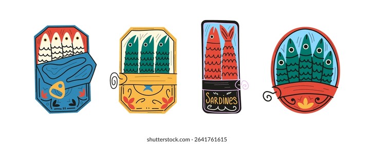 Cartoon Sardines Cans Set. Funny Doodle Fish Packaging Stickers Collection. Colorful Seafood Tin Labels. Doodle Sardine Cans Vector Set. Hand Drawn Colorful Fish Funny Sardine Tin Cans. Tuna, salmon, 