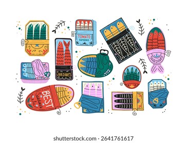 Cartoon Sardines Cans Set. Funny Doodle Fish Packaging Stickers Collection. Colorful Seafood Tin Labels. Doodle Sardine Cans Vector Set. Hand Drawn Colorful Fish Funny Sardine Tin Cans. Tuna, salmon, 