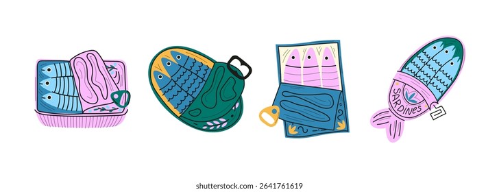 Cartoon Sardines Cans Set. Funny Doodle Fish Packaging Stickers Collection. Colorful Seafood Tin Labels. Doodle Sardine Cans Vector Set. Hand Drawn Colorful Fish Funny Sardine Tin Cans. Tuna, salmon, 