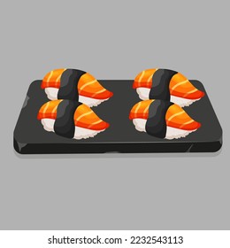 Cartoon sashimi with salmon and nori lying on the Stone plate. Vector illustration of Asian seafood