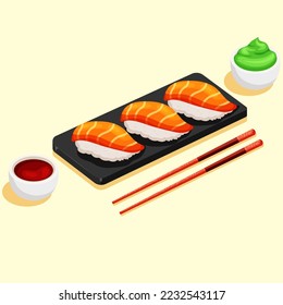 Cartoon sashimi with salmon, wasabi dip, and soy sauce with wooden chopsticks. Stone tray with Asian seafood 