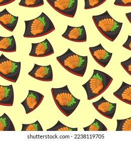 cartoon sashimi-salmon, japanese food seamless pattern on colorful background