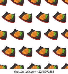 cartoon sashimi-salmon, japanese food seamless pattern on colorful background