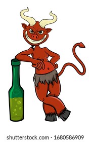 Cartoon Satan With A Bottle Of Alcohol Or Poison. isolated on white background. vector stock illustration