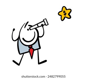 Cartoon satisfied businessman in  business suit and tie looks at the stars through  telescope. Vector illustration of the dollar shaped money symbol. Person sees  money goal in the sky.