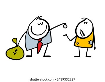 Cartoon satisfied rich businessman gives a coin to poor man. Vector illustration of the business concept, the rules of capitalism, assistance to those in need. Isolated character on white background.