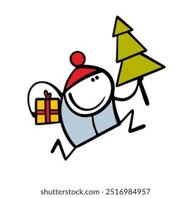 Cartoon satisfied stickman bought   gift and   Christmas tree, runs happy home. Vector illustration of the pre-holiday bustle. Christmas or New Year. Funny character in warm clothes, cold winter.