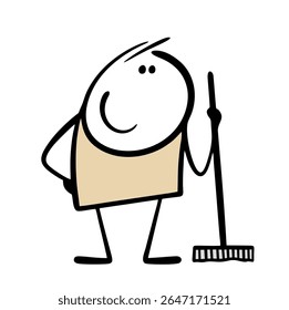 Cartoon satisfied stickman holds a mop and smiles. Vector illustration the cleaner did a good job, the floor in the house is clean.