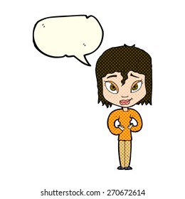 cartoon satisfied woman with speech bubble