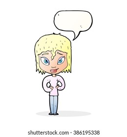 cartoon satisfied woman with speech bubble