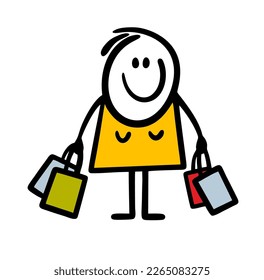 Cartoon satisfied young woman with purchases and packages in her hands is walking out of the store after the sale. Vector illustration of shopping.
