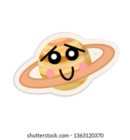 Cartoon saturn planet icon with cute face isolated on white