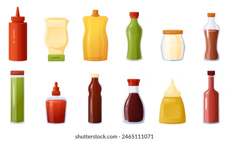 Cartoon sauce bottles. Different sauces, soy, chilli ketchup, chinese japanese hot wasabi. Mayonnaise and mustard, spices for food nowaday vector packs