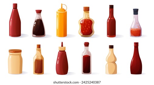 Cartoon sauce bottles. Traditional spicy ketchup mayonnaise mustard soy sauce packaging, fast food condiment ingredients for barbecue. Vector set of ketchup sauce spicy illustration