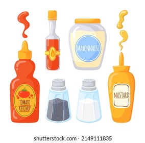 Cartoon Sauce Condiments. Condiment Bottle Mayonnaise Chilli Ketchup Mustard, Gourmet Dressing Salad Ranch Bbq Kitchen Salt Pepper Mayo Grocery Package, Neat Vector Illustration. Ketchup Food Product