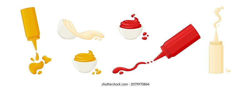 Cartoon sauce splash vector set. Mayonnaise, mustard, tomato ketchup in bottles and bowls. Various hot spice sauces spilled strips, drops and spots. Food illustration
