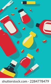 Cartoon sauce splash vector set. Mayonnaise, mustard, tomato ketchup in bottles and bowls. Various hot spice sauces spilled strips, drops and spots. Food illustration