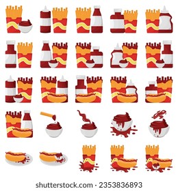 Cartoon sauce splash vector set. Mayonnaise, mustard, tomato ketchup in bottles and bowls. Various hot spice sauces spilled strips, drops and spots. Food illustration
