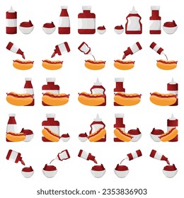Cartoon sauce splash vector set. Mayonnaise, mustard, tomato ketchup in bottles and bowls. Various hot spice sauces spilled strips, drops and spots. Food illustration