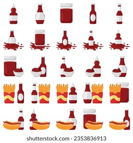 Cartoon sauce splash vector set. Mayonnaise, mustard, tomato ketchup in bottles and bowls. Various hot spice sauces spilled strips, drops and spots. Food illustration