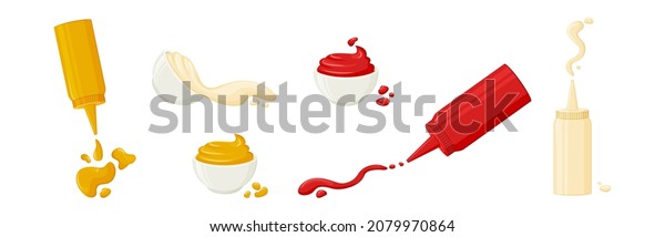 Cartoon sauce splash vector
set. Mayonnaise, mustard, tomato ketchup in bottles and bowls.
Various hot spice sauces spilled strips, drops and spots. Food
illustration