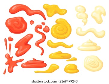 Cartoon sauce stains. Mayonnaise stain sauce splash american ketchup drizzle dip mustard, spill mayo yellow red cream swirl splat dressing tomato drop, neat vector illustration of mayonnaise sauce