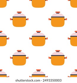 cartoon saucepan seamless pattern, print of cooking equipment, flat style 