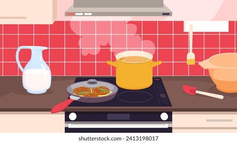 Cartoon saucepan with soup and steam and meat steaks in frying pan under glass lid, household cookware and home equipment. Kitchen interior with food cooking on electric oven