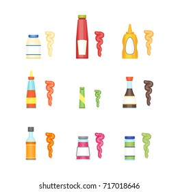 Cartoon Sauces Bottle Set Ketchup, Mustard, Mayonnaise, Wasabi and Other Cuisine Concept Flat Design Style. Vector illustration of Sause for Menu