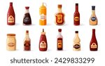 Cartoon sauces. Different ketchup mustard mayo soy sauce, sweet and spicy food condiments in bottles and jars. Vector colorful set of ketchup sauce and mustard illustration