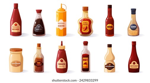 Cartoon sauces. Different ketchup mustard mayo soy sauce, sweet and spicy food condiments in bottles and jars. Vector colorful set of ketchup sauce and mustard illustration