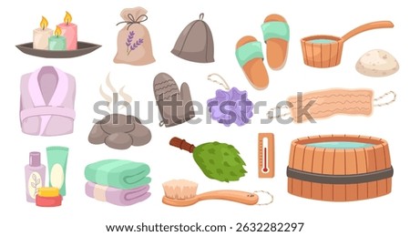 Cartoon sauna elements. Bathroom and spa self care items. Stones, towel and brush, bath broom and bathrobe, candles and thermometer, wooden tub and washcloth. Vector set.