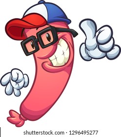 Cartoon sausage with baseball cap and glasses making the thumb up hand sign. Vector clip art illustration with simple gradients. All in a single layer. 
