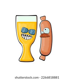 Cartoon sausage and beer characters isolated on white background. Funky meat sausage and beer glass character with eyes and mouth. Sausage and beer label and sticker