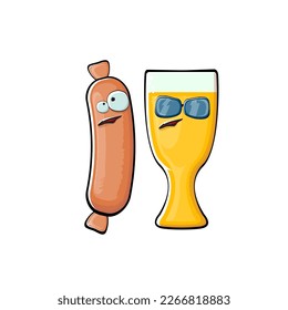 Cartoon sausage and beer characters isolated on white background. Funky meat sausage and beer glass character with eyes and mouth. Sausage and beer label and sticker