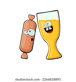 Cartoon sausage and beer characters isolated on white background. Funky meat sausage and beer glass character with eyes and mouth. Sausage and beer label and sticker