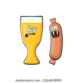 Cartoon sausage and beer characters isolated on white background. Funky meat sausage and beer glass character with eyes and mouth. Sausage and beer label and sticker