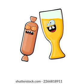 Cartoon sausage and beer characters isolated on white background. Funky meat sausage and beer glass character with eyes and mouth. Sausage and beer label and sticker