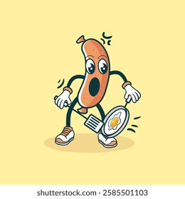 A cartoon sausage character with surprised expression cooks a fried egg in a pan using a spatula.