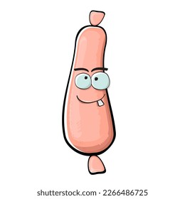 Cartoon sausage characters isolated on white background. Funky meat sausage character with eyes and mouth. Sausage for hot dog