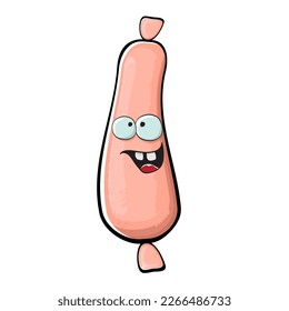 Cartoon sausage characters isolated on white background. Funky meat sausage character with eyes and mouth. Sausage for hot dog