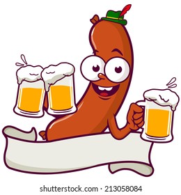 Cartoon sausage with cold glasses of beer at Oktoberfest with ribbon banner. Vector illustration.