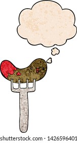 cartoon sausage and fork with thought bubble in grunge texture style