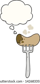 Karikaturwurst und Gabel mit Gedankenblase