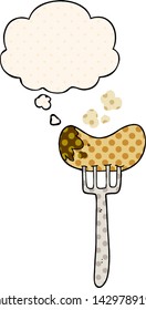 cartoon sausage and fork with thought bubble in comic book style