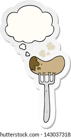 cartoon sausage and fork with thought bubble as a printed sticker