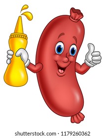 Cartoon sausage holding mustard sauce