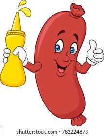 Cartoon sausage holding mustard sauce