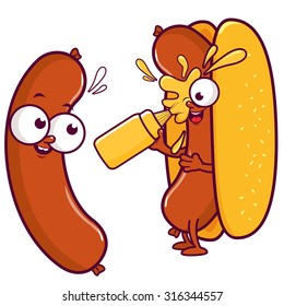 Cartoon sausage and hot-dog splashing itself with mustard. Vector illustration
