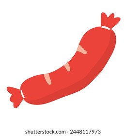 Cartoon sausage illustration in flat design style, banger or frankfurter icon, liverwurst or pepperoni isolated on white background